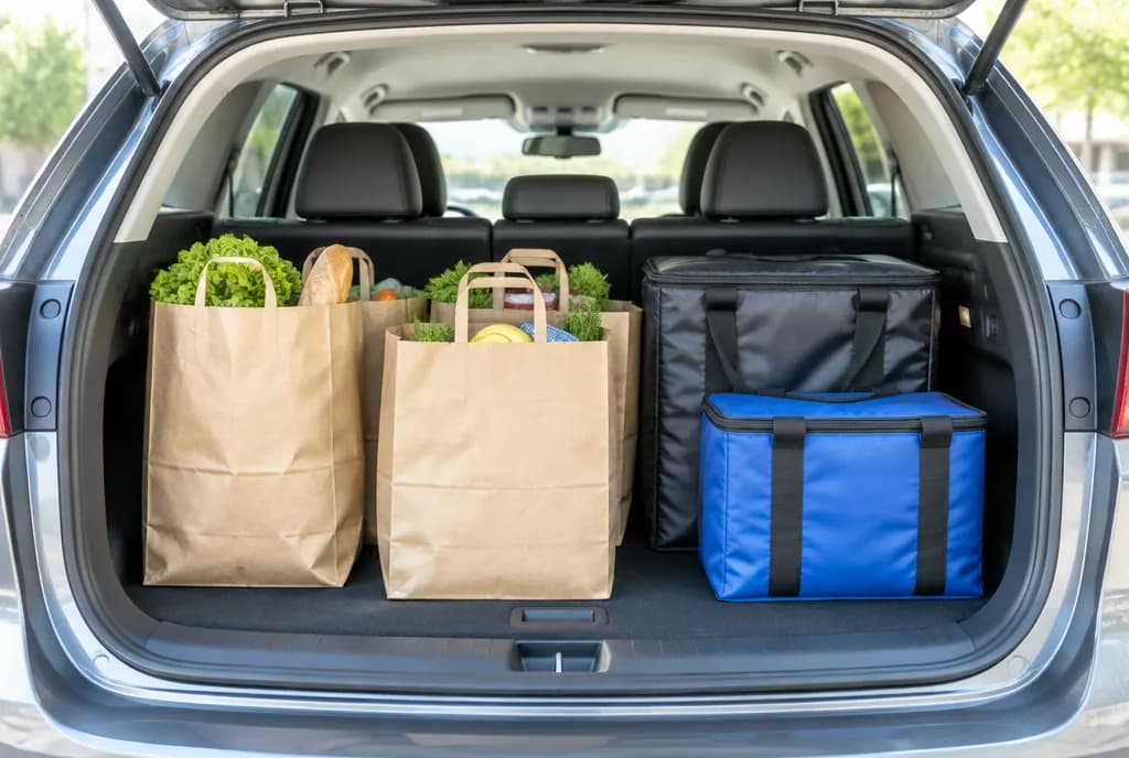 An open trunk loaded with grocery and insulated delivery bags