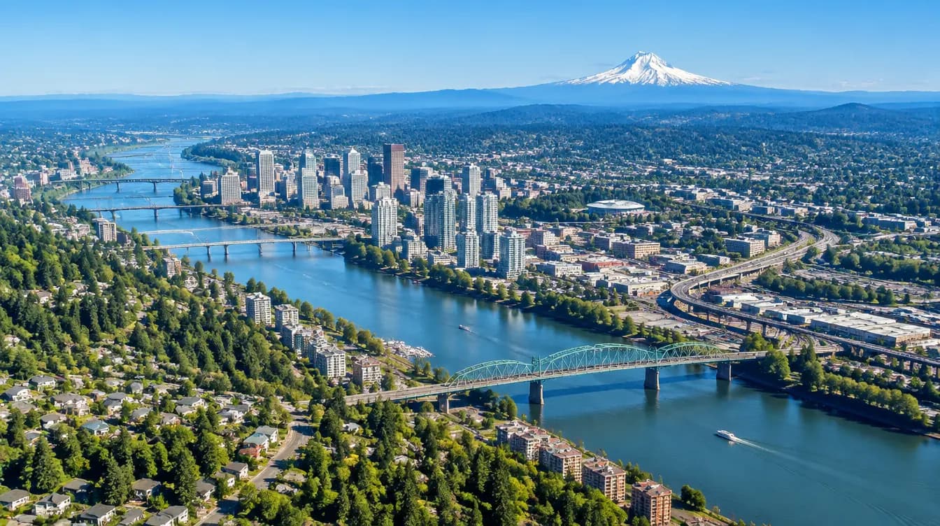 Aerial view over the Portland metropolitan area with Mount Hood on the horizon