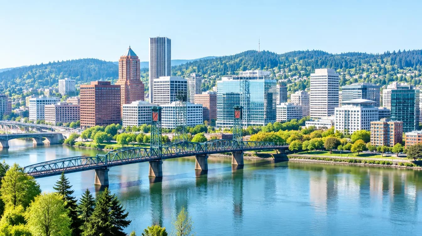 Downtown Portland and the Willamette river on a clear morning