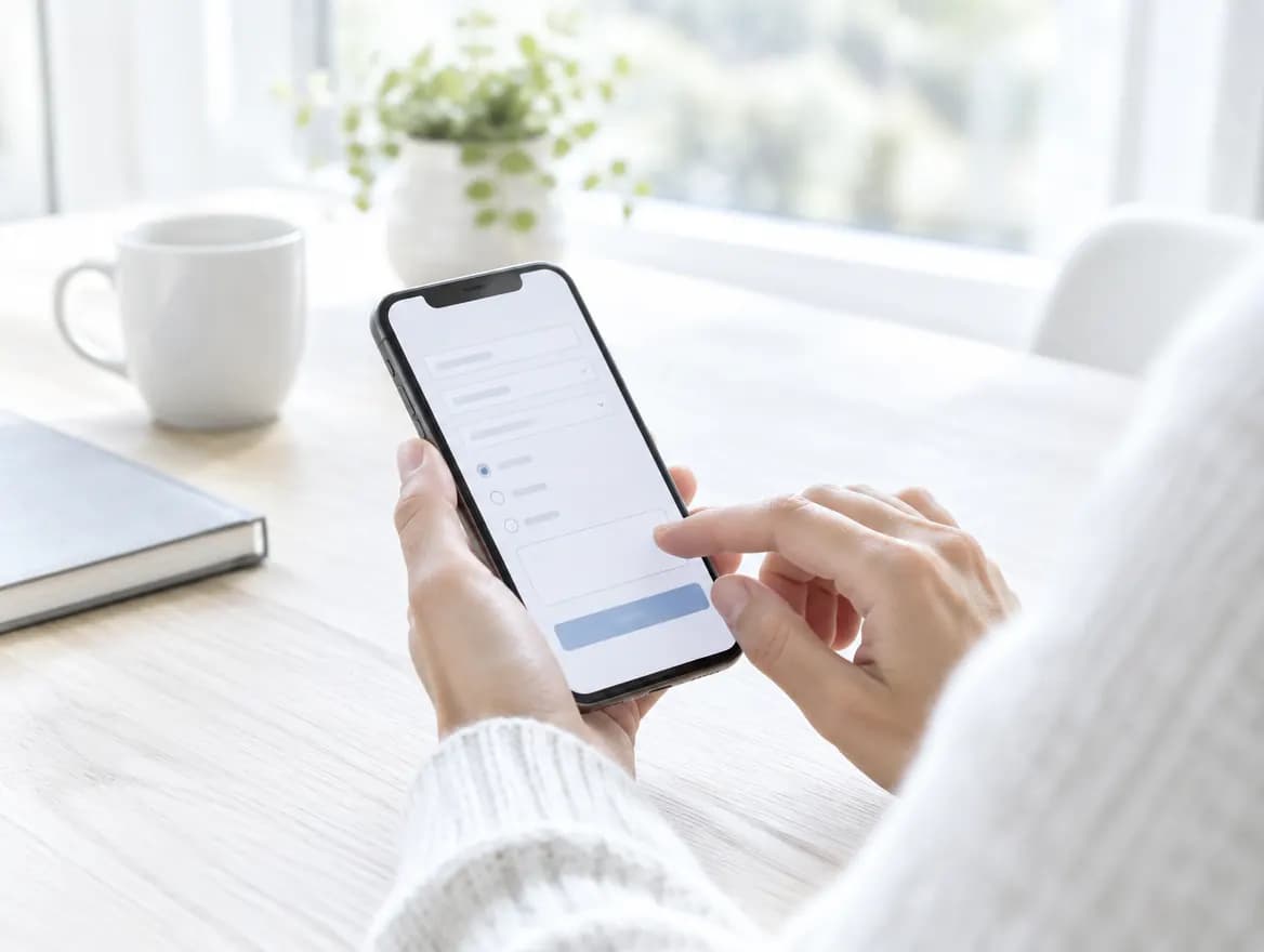 Filling in an application on a phone at a sunlit table