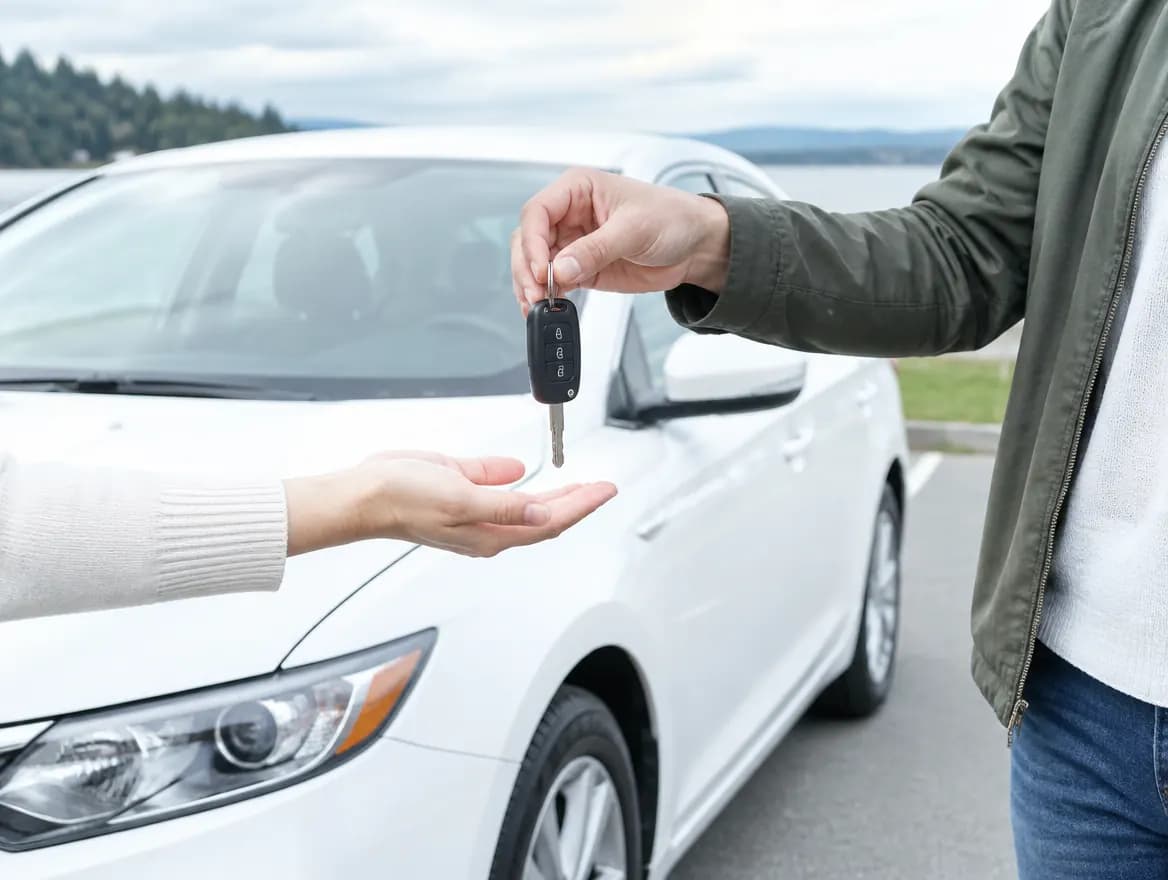 Keys being handed over beside a white sedan