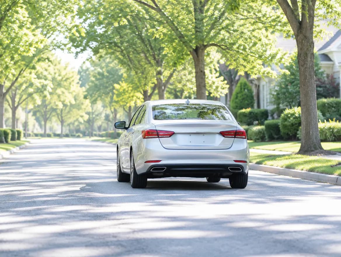 A silver sedan pulling away down a tree-lined street
