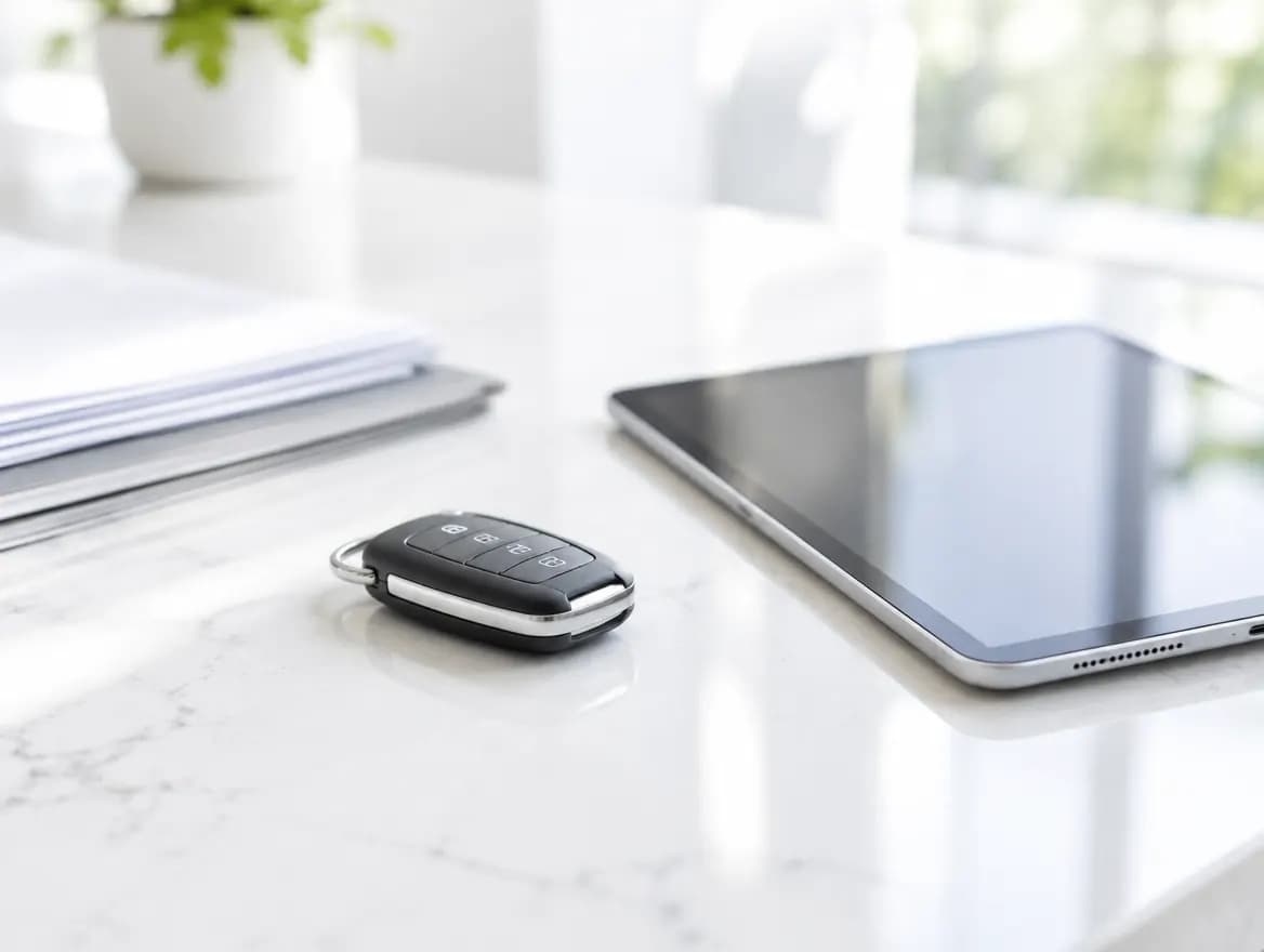 A car key and a tablet on a bright counter